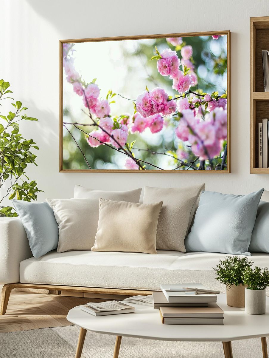 Pink Cherry Blossoms Photography Poster. — room view 2