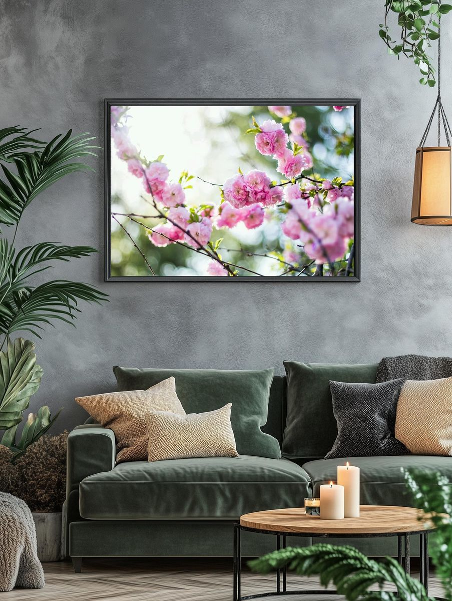 Pink Cherry Blossoms Photography Poster. — room view 4