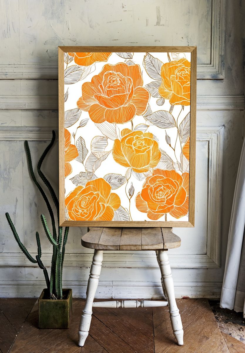 Orange Rose Floral Illustration Poster. — room view 1