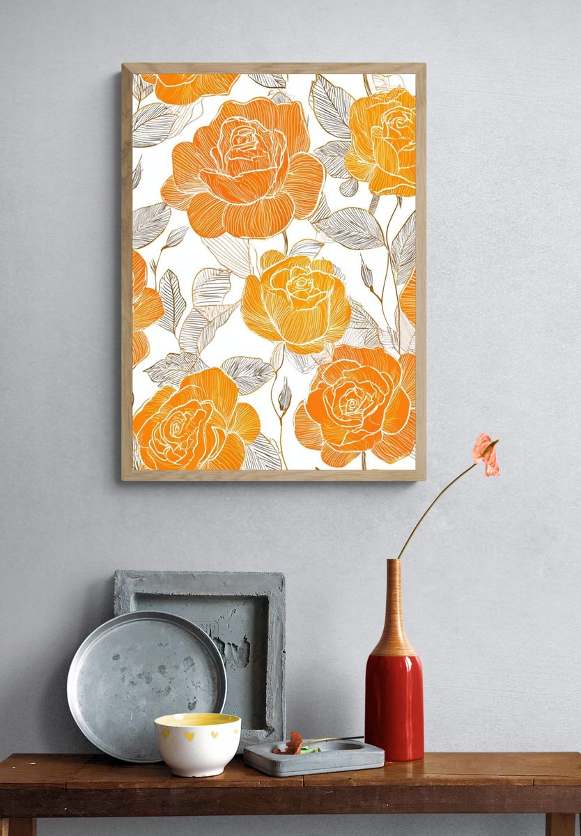 Orange Rose Floral Illustration Poster. — room view 3
