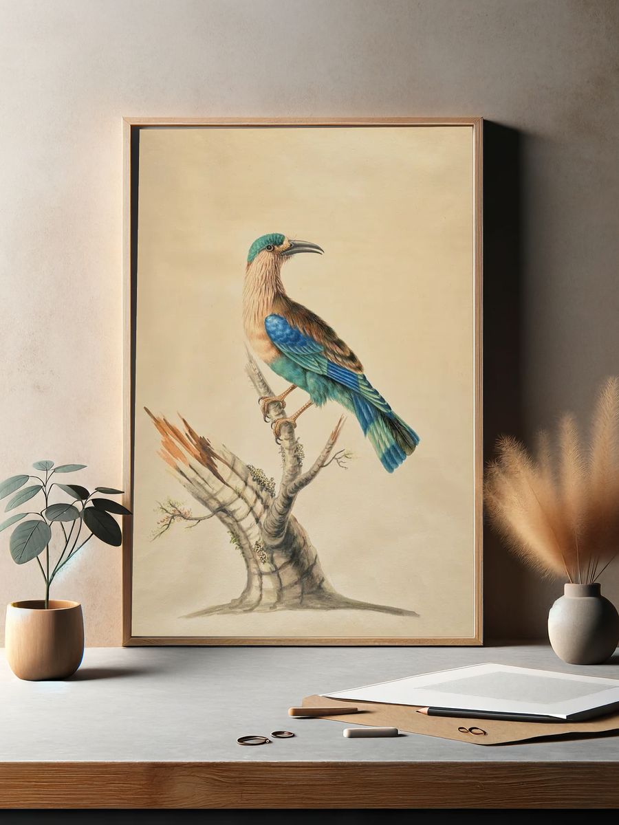 Blue-Tailed Bird Botanical Print. — room view 2