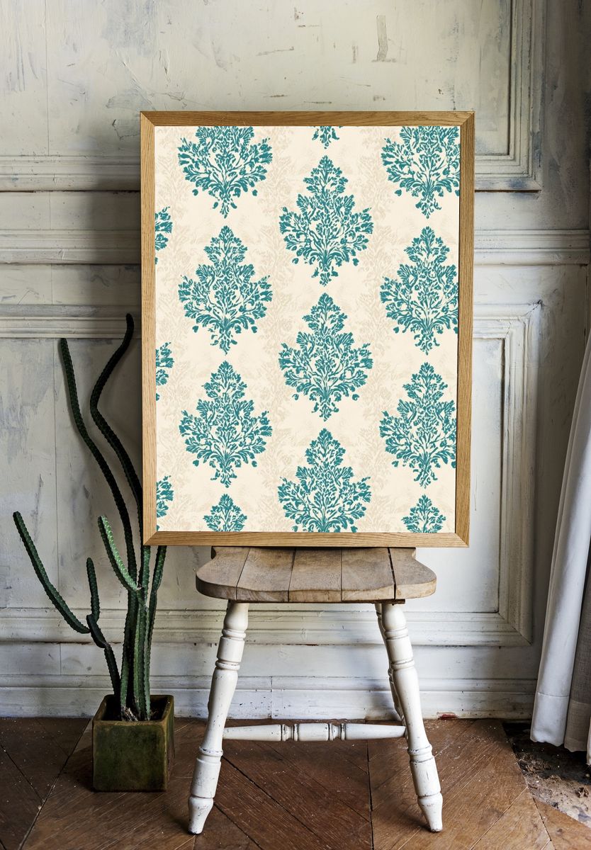 Teal Damask Pattern Print. — room view 1