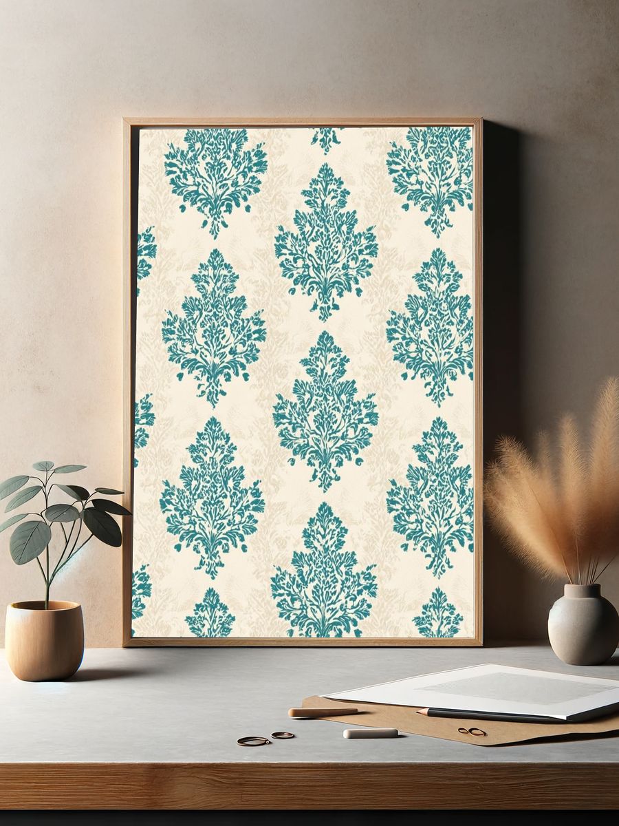 Teal Damask Pattern Print. — room view 2