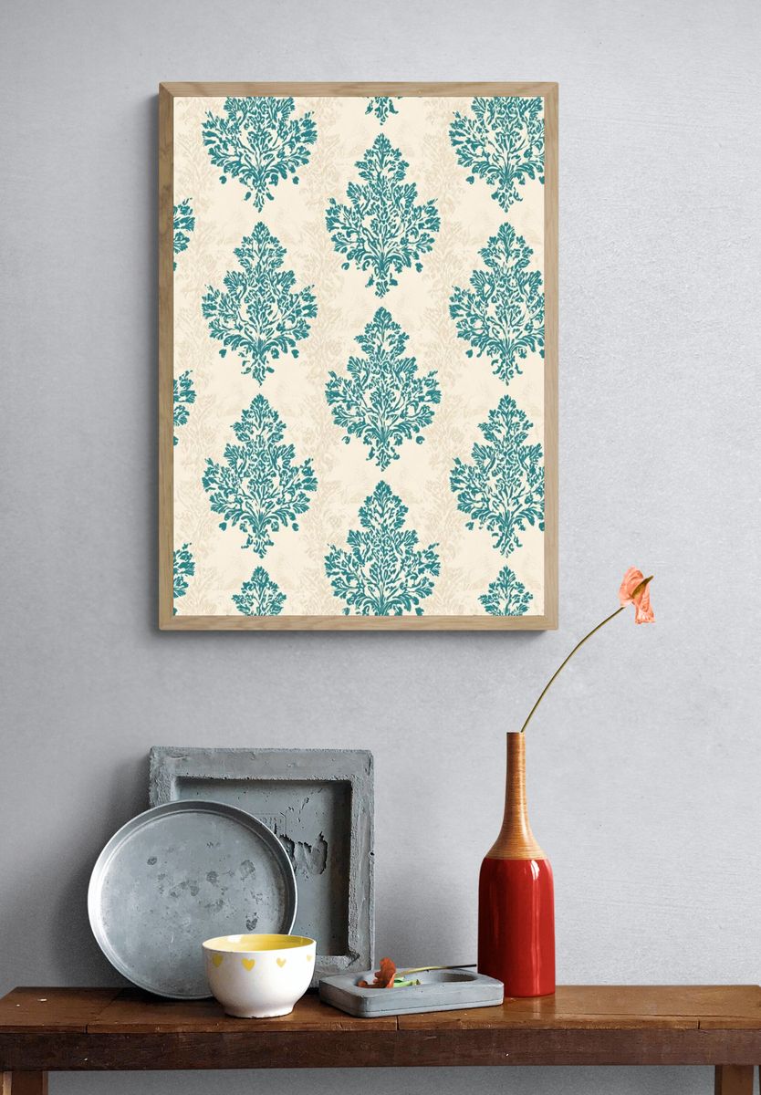 Teal Damask Pattern Print. — room view 3