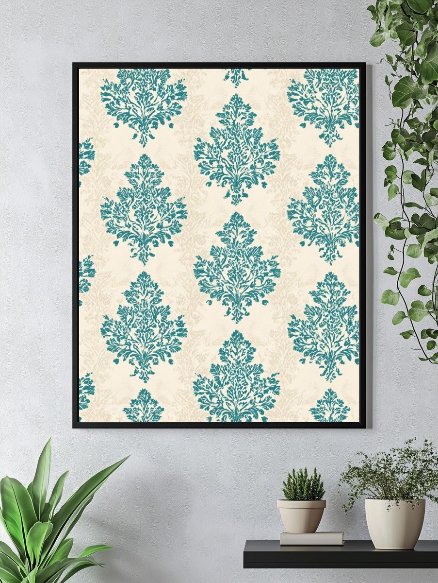Teal Damask Pattern Print. — room view 4