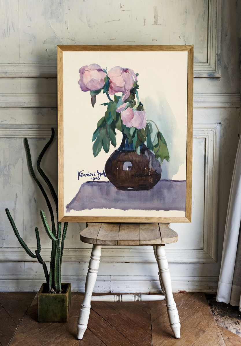 Peonies in Vase Watercolor Print. — room view 1