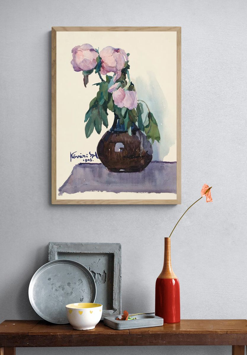 Peonies in Vase Watercolor Print. — room view 3