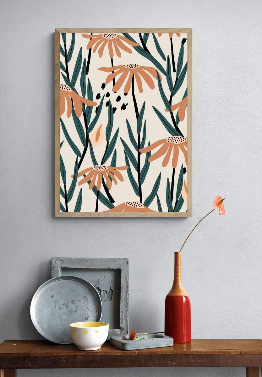 Flower mobile wallpaper, retro pattern. — room view 3