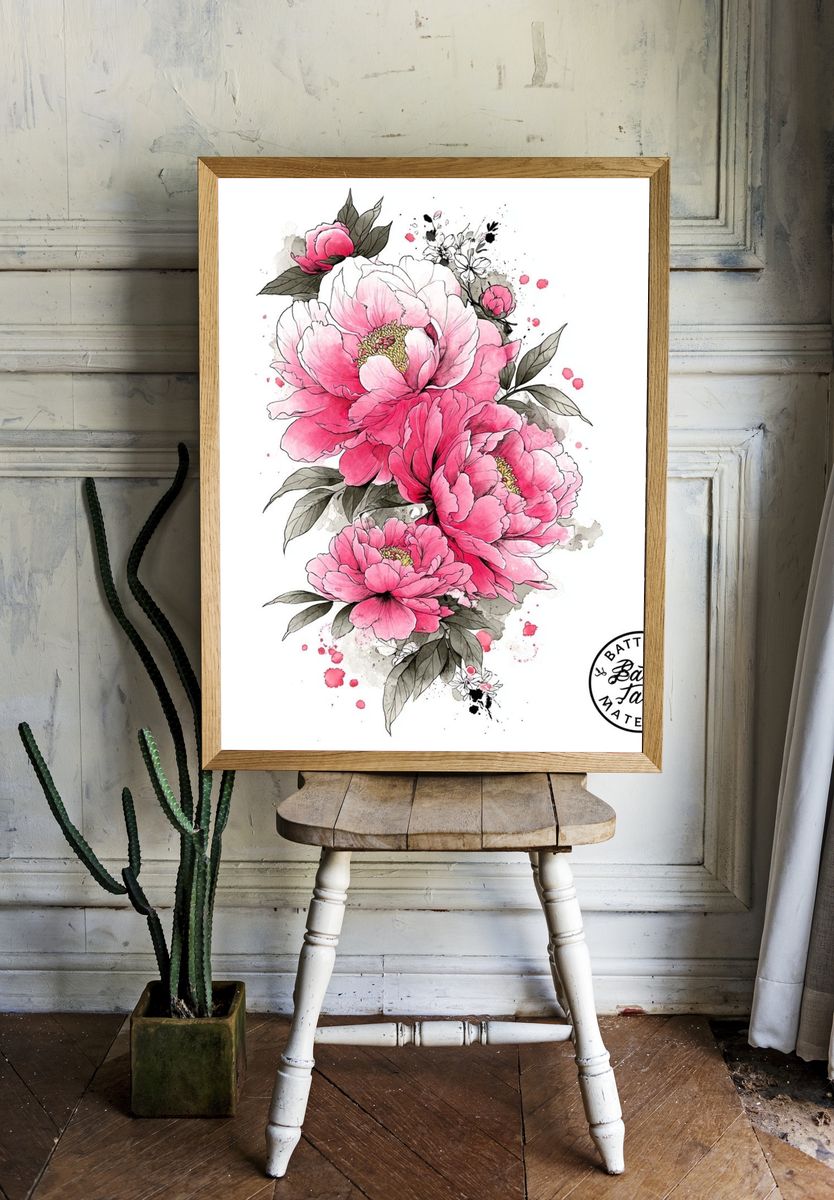 Pink Peony Watercolor Poster. — room view 1