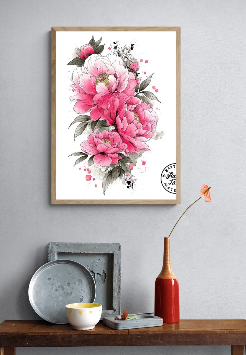 Pink Peony Watercolor Poster. — room view 3