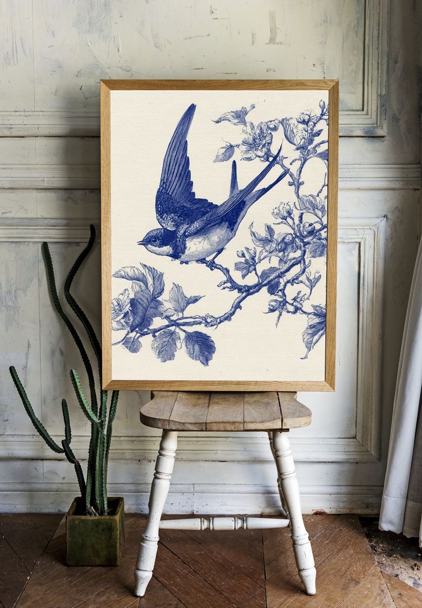 Blue Swallow Botanical Print. — room view 1