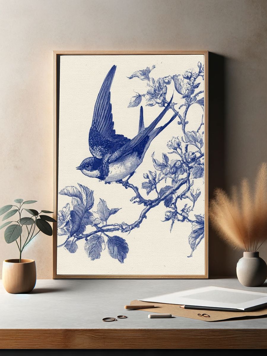 Blue Swallow Botanical Print. — room view 2