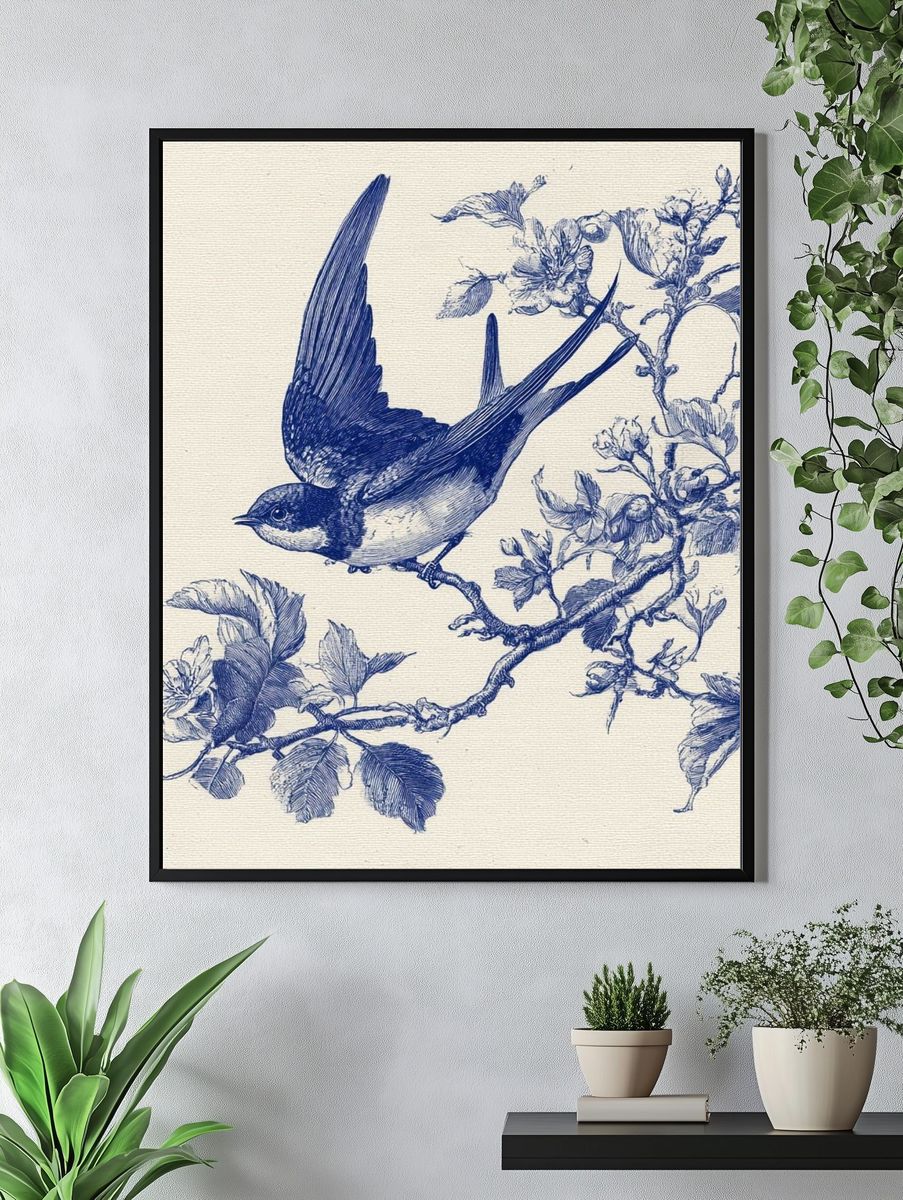 Blue Swallow Botanical Print. — room view 4