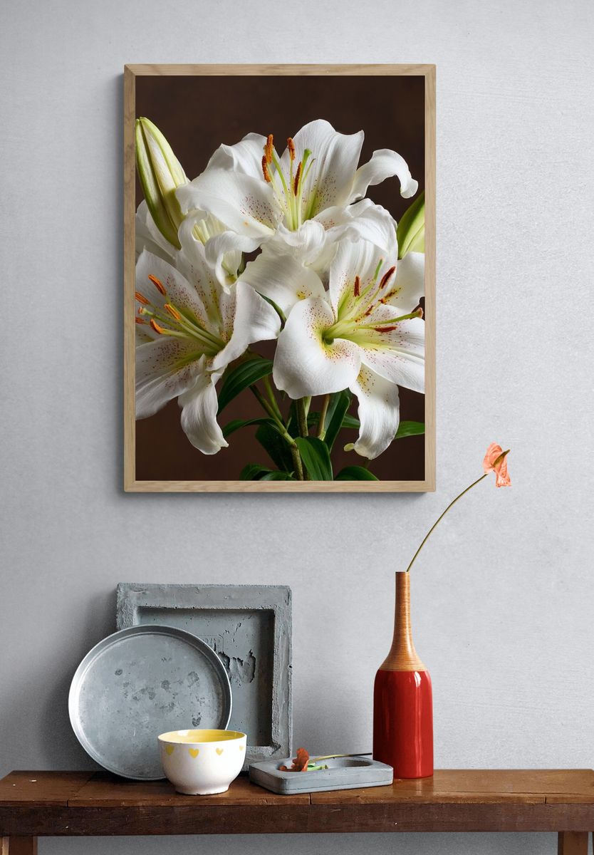 White Lily Bouquet Botanical Print. — room view 3