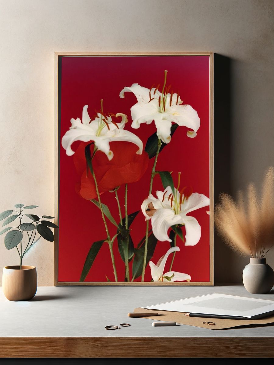 White Lilies on Red Background Poster. — room view 2