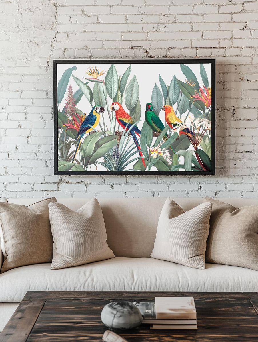 Colorful macaws tropical background illustration. — room view 1