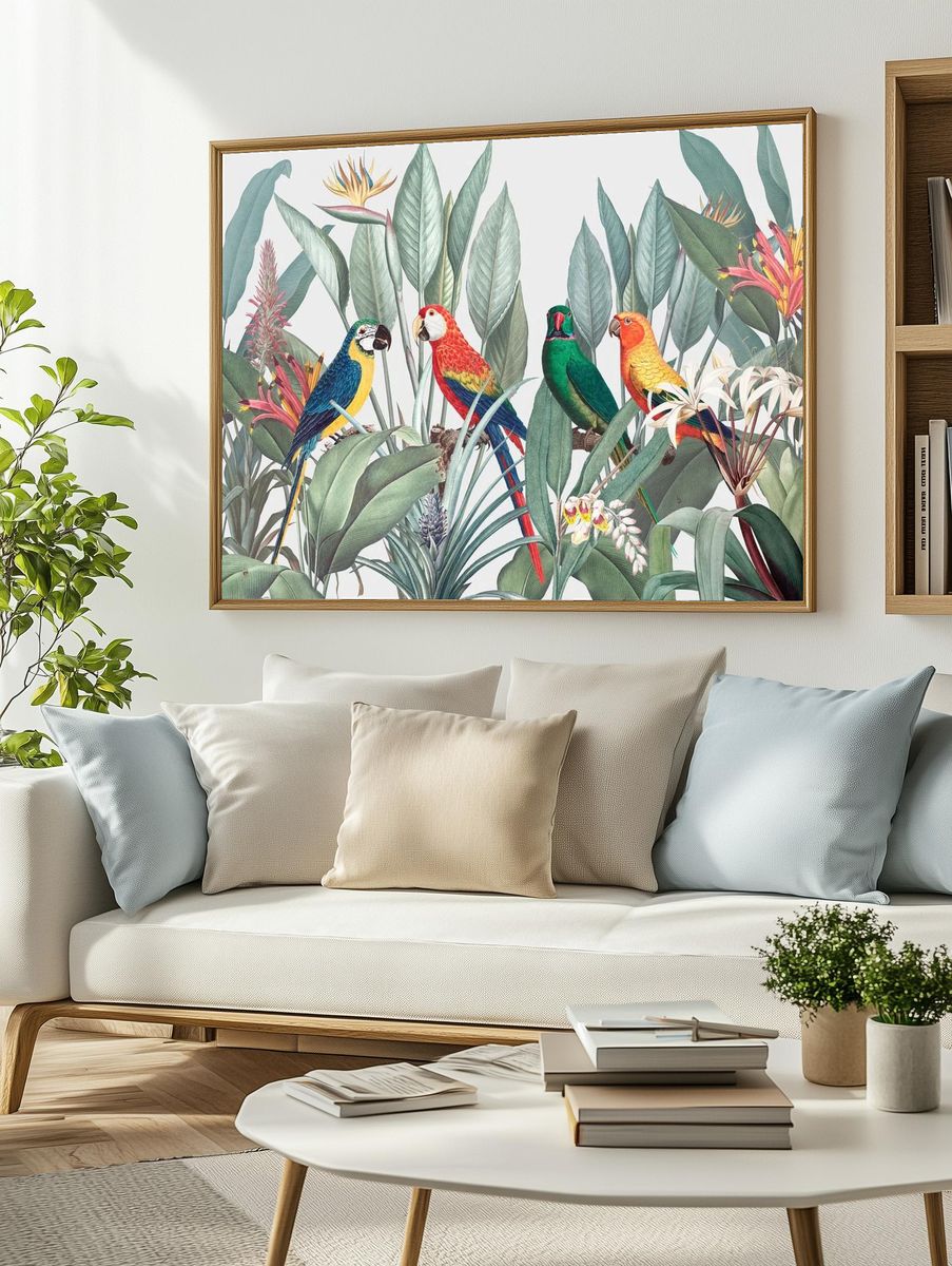 Colorful macaws tropical background illustration. — room view 2