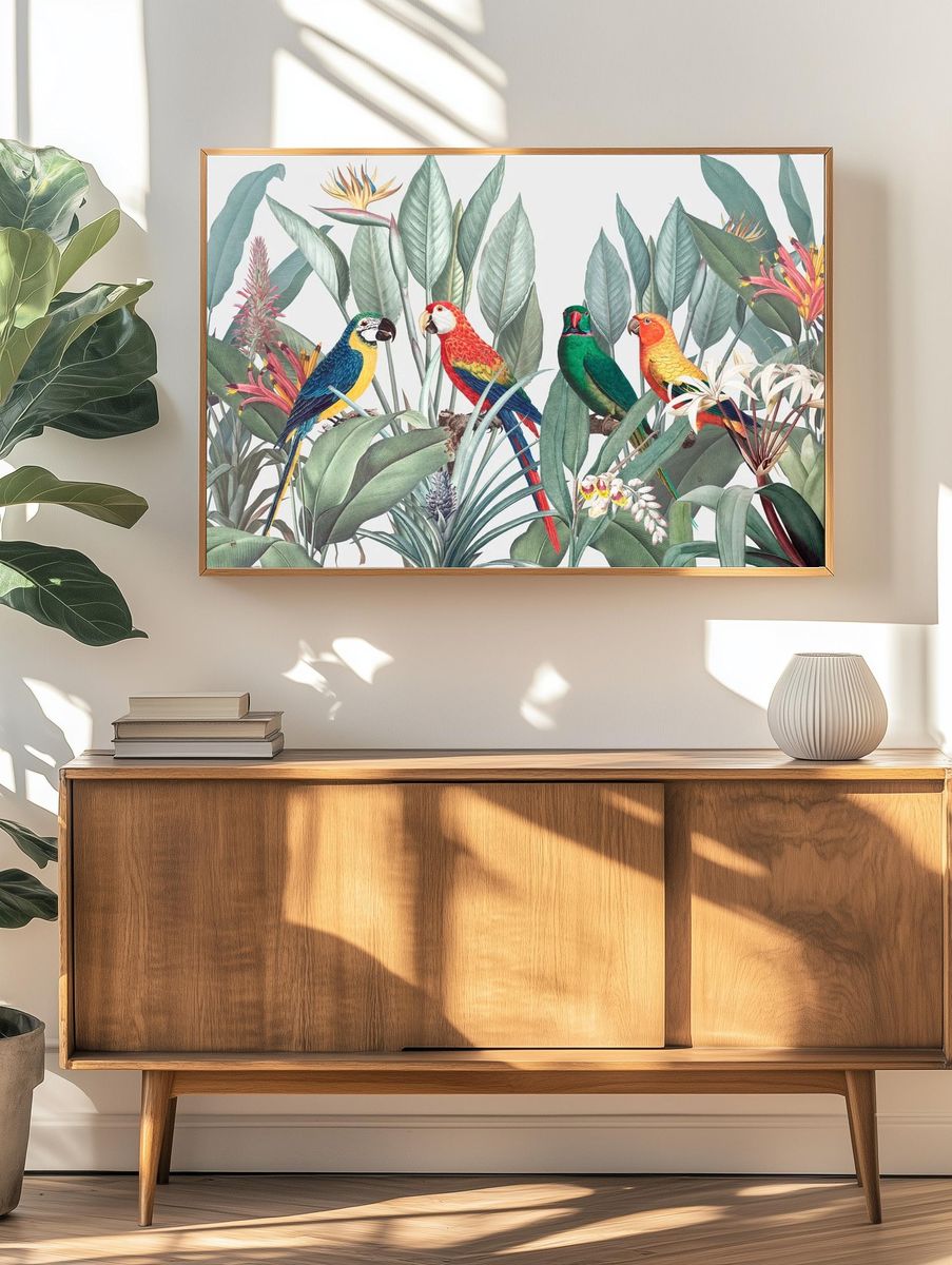 Colorful macaws tropical background illustration. — room view 3