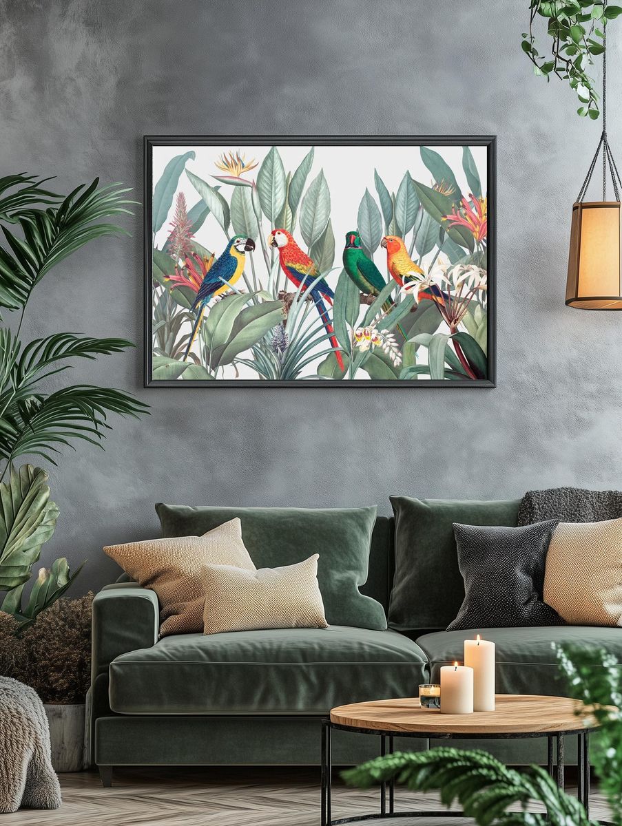 Colorful macaws tropical background illustration. — room view 4