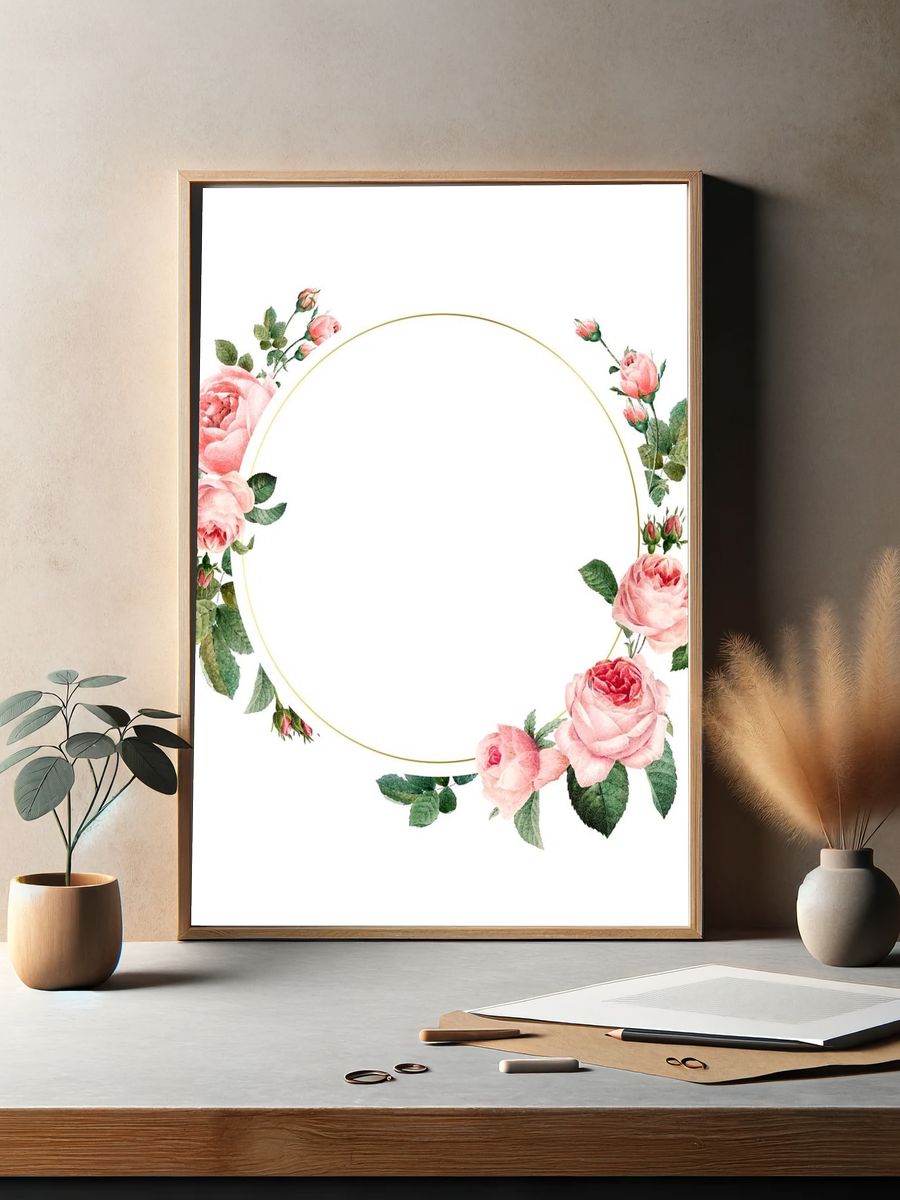 Blank round pink roses frame. — room view 2