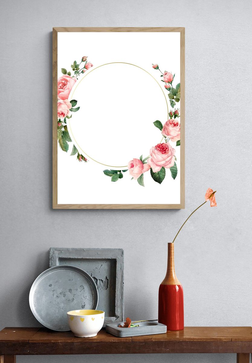 Blank round pink roses frame. — room view 3