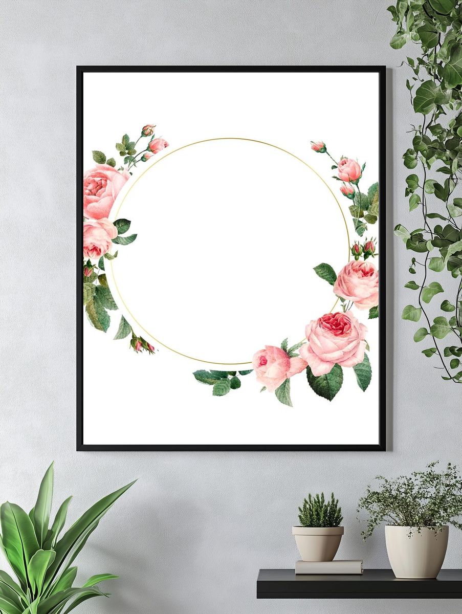 Blank round pink roses frame. — room view 4
