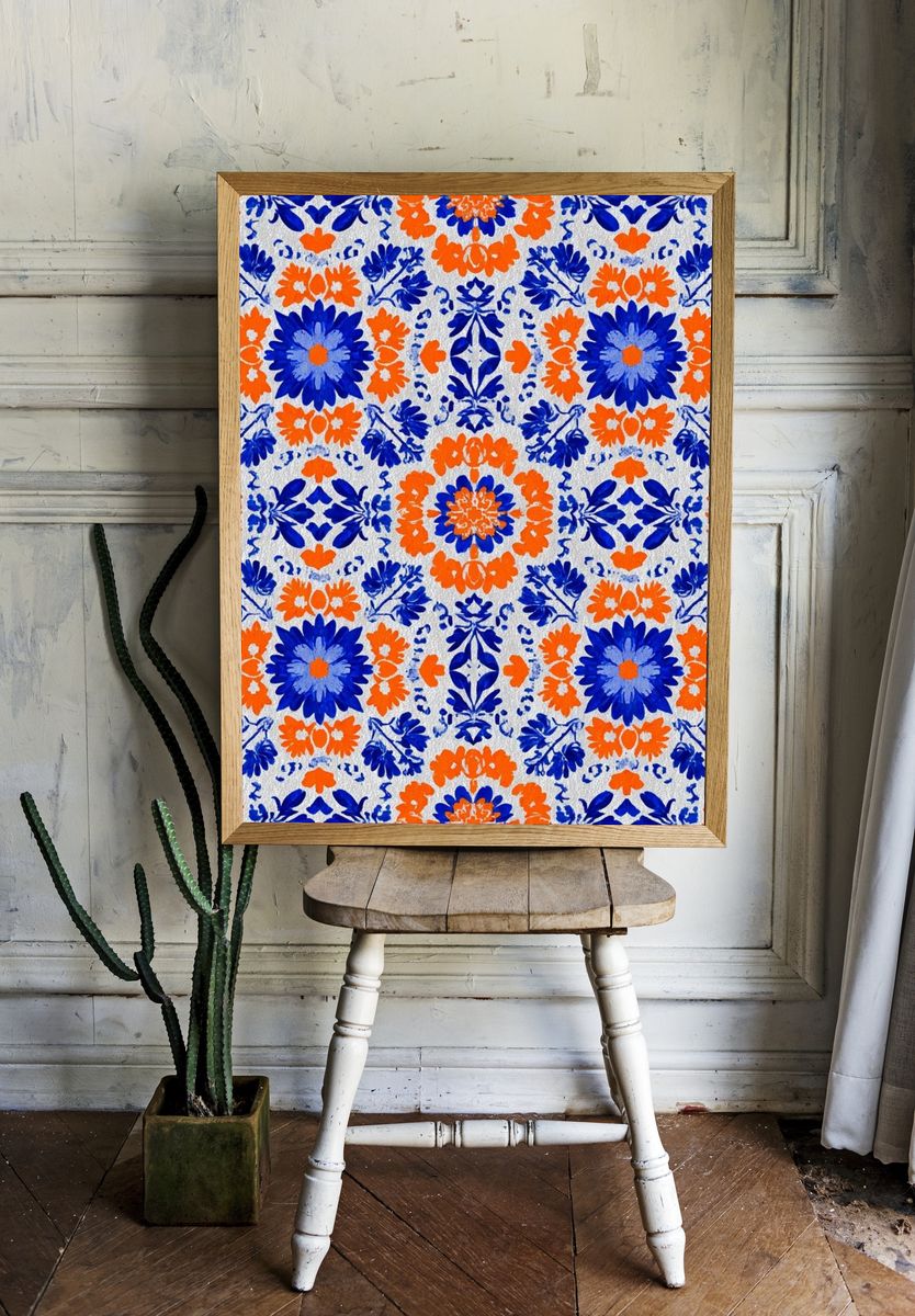 Blue and Orange Floral Pattern Poster. — room view 1