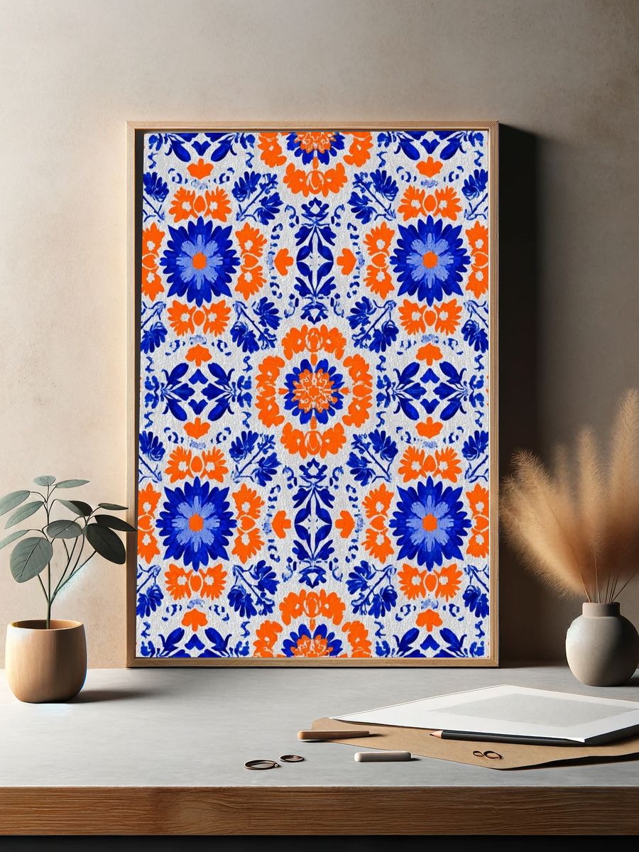 Blue and Orange Floral Pattern Poster. — room view 2
