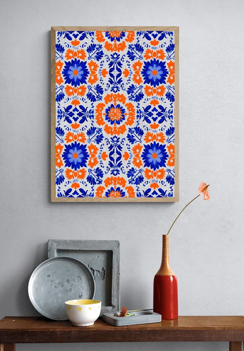 Blue and Orange Floral Pattern Poster. — room view 3