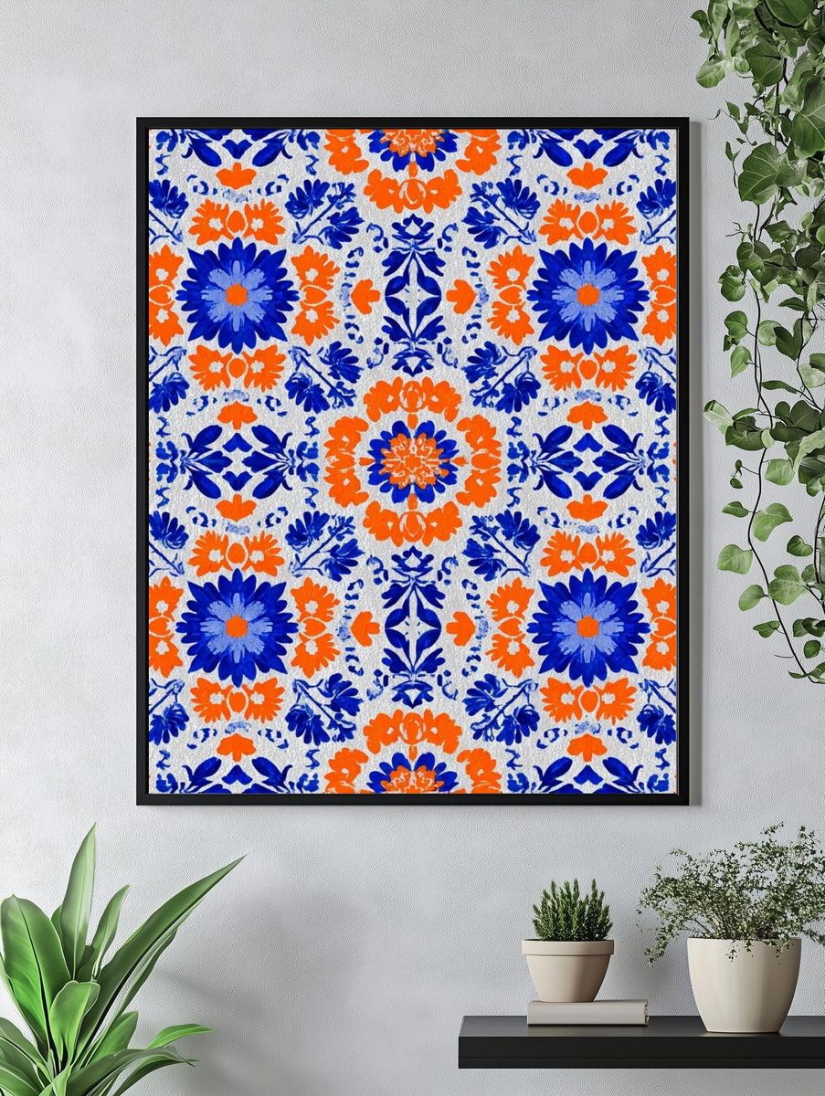 Blue and Orange Floral Pattern Poster. — room view 4