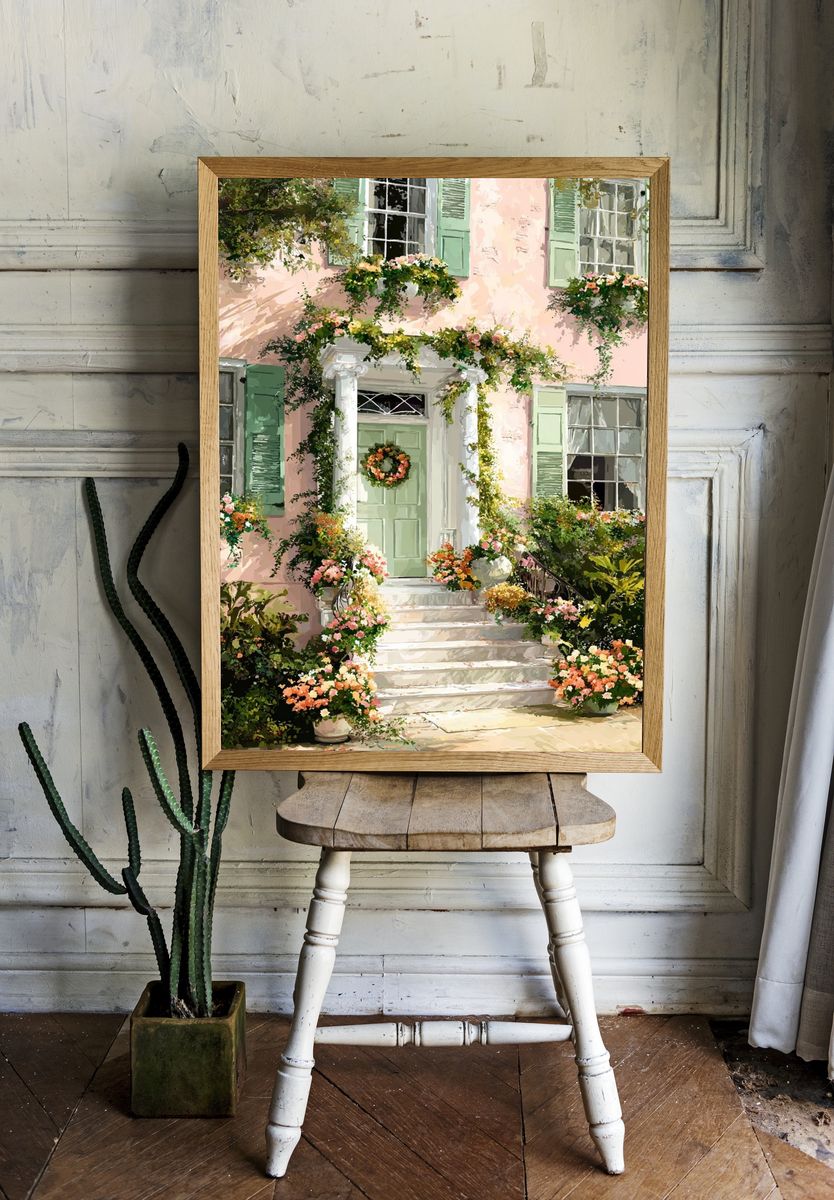 Charming Pink House with Flowers — Botanical Print. — room view 1