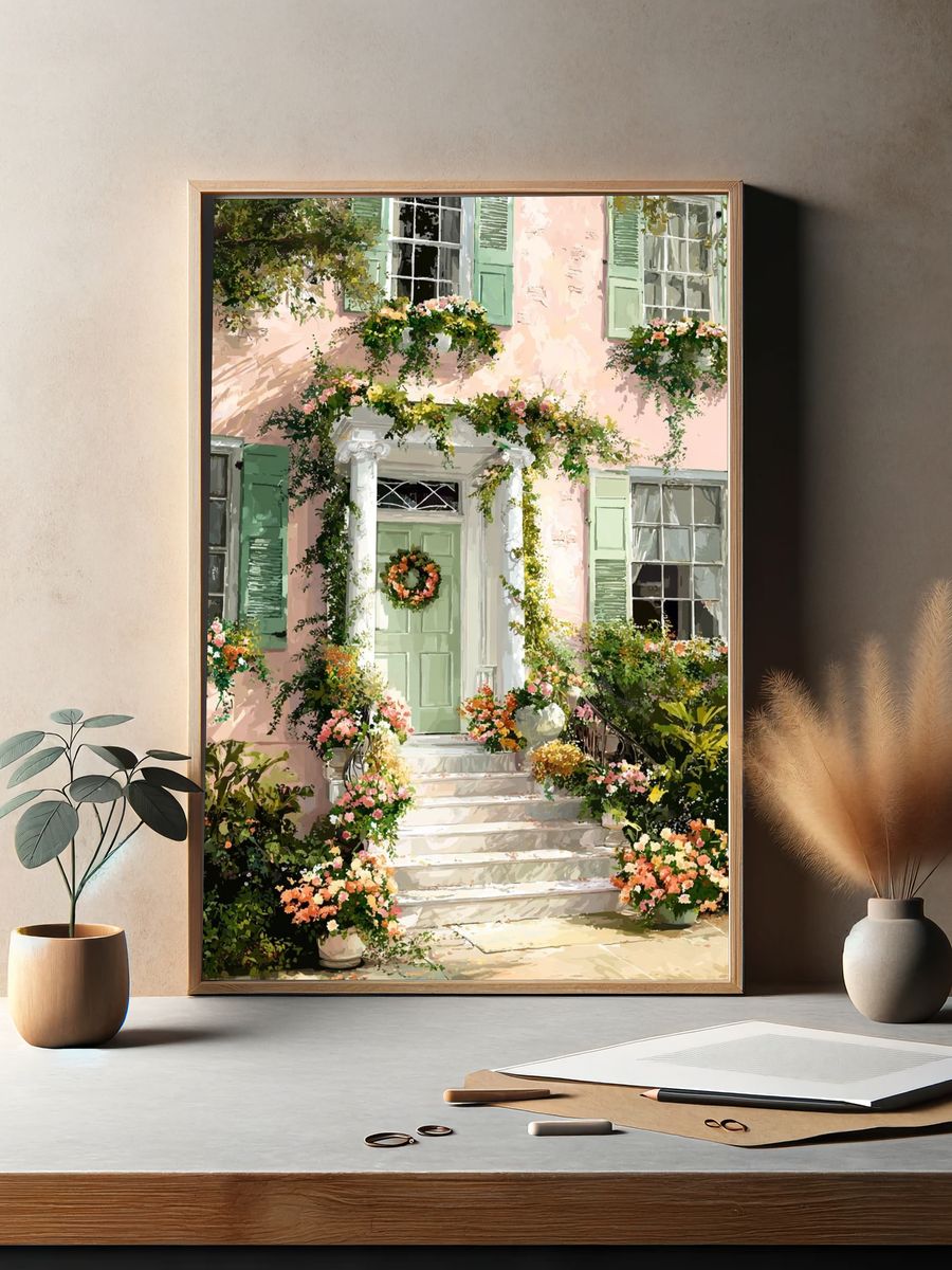 Charming Pink House with Flowers — Botanical Print. — room view 2
