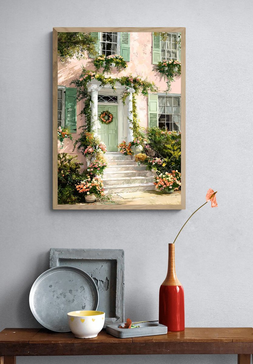Charming Pink House with Flowers — Botanical Print. — room view 3