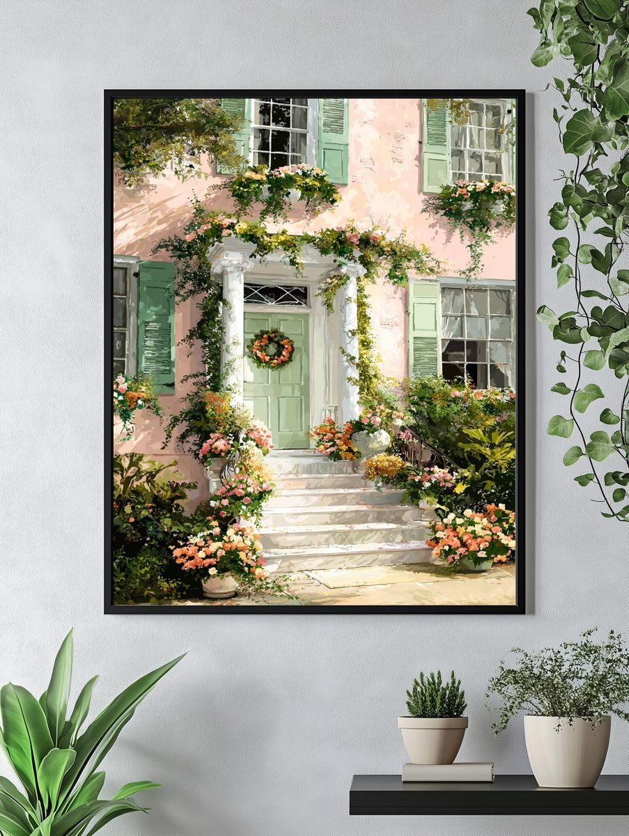 Charming Pink House with Flowers — Botanical Print. — room view 4