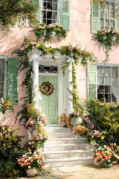 Charming Pink House with Flowers — Botanical Print. poster print