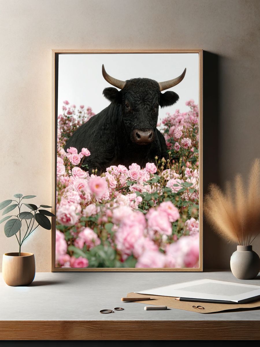 Black Bull in Pink Roses Poster. — room view 2