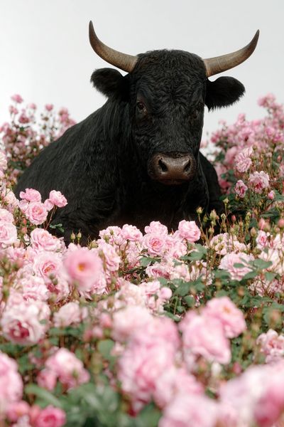 Black Bull in Pink Roses Poster. poster print