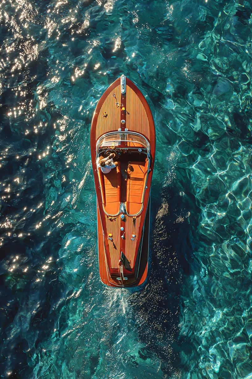 Luxury Boat on Crystal Clear Water — Photography Print. poster detail