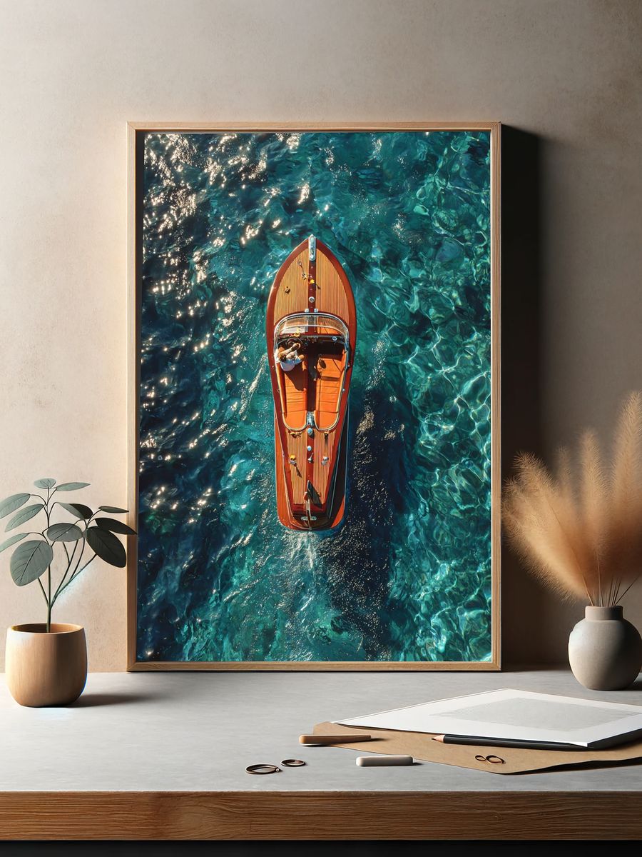 Luxury Boat on Crystal Clear Water — Photography Print. — room view 2
