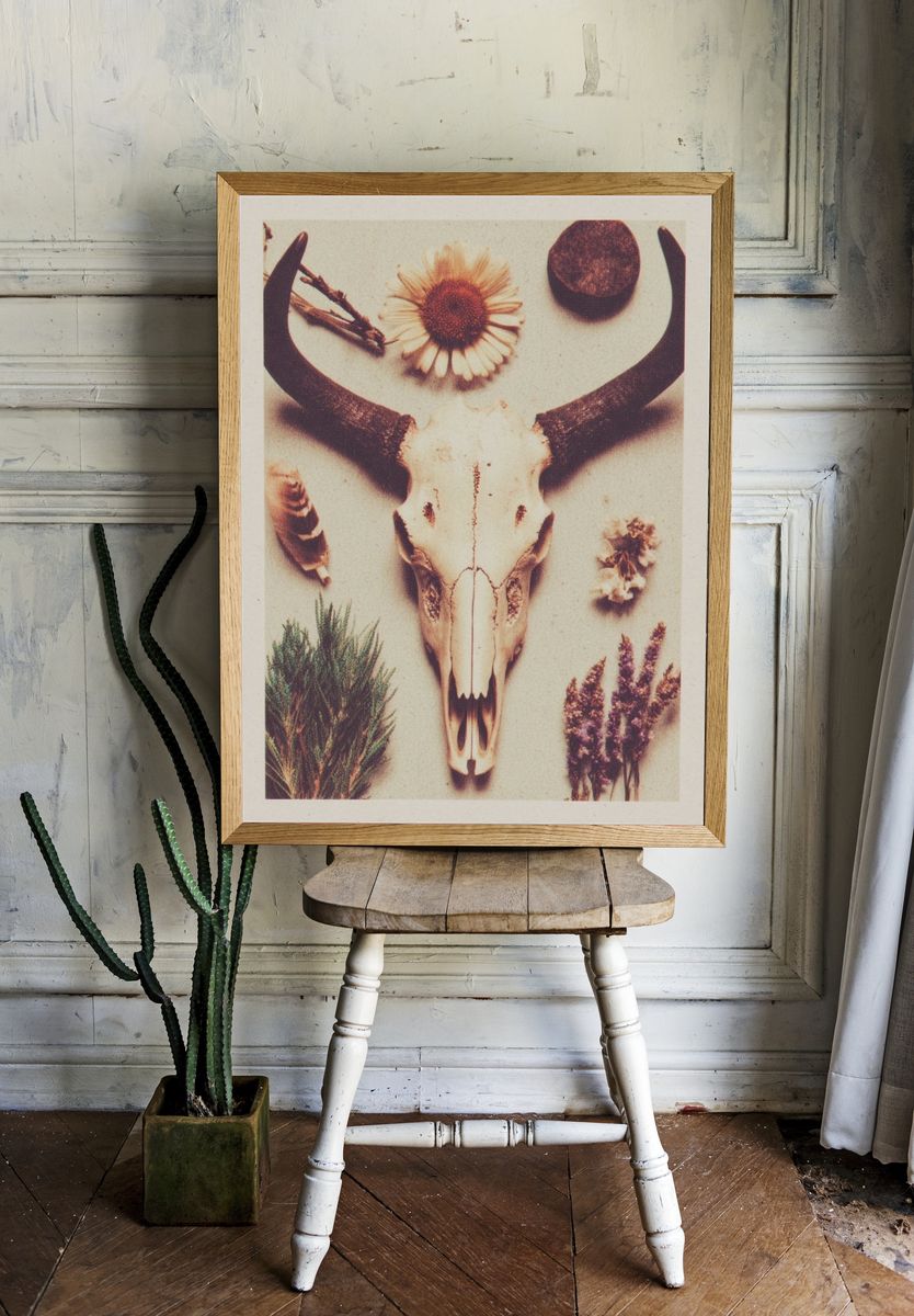 Bull Skull with Flowers — Bohemian Print. — room view 1