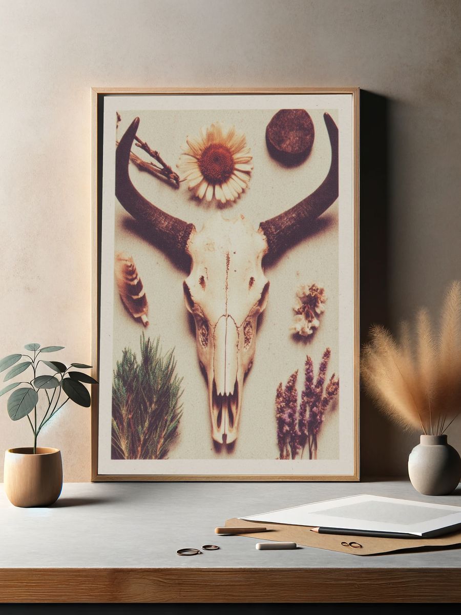 Bull Skull with Flowers — Bohemian Print. — room view 2