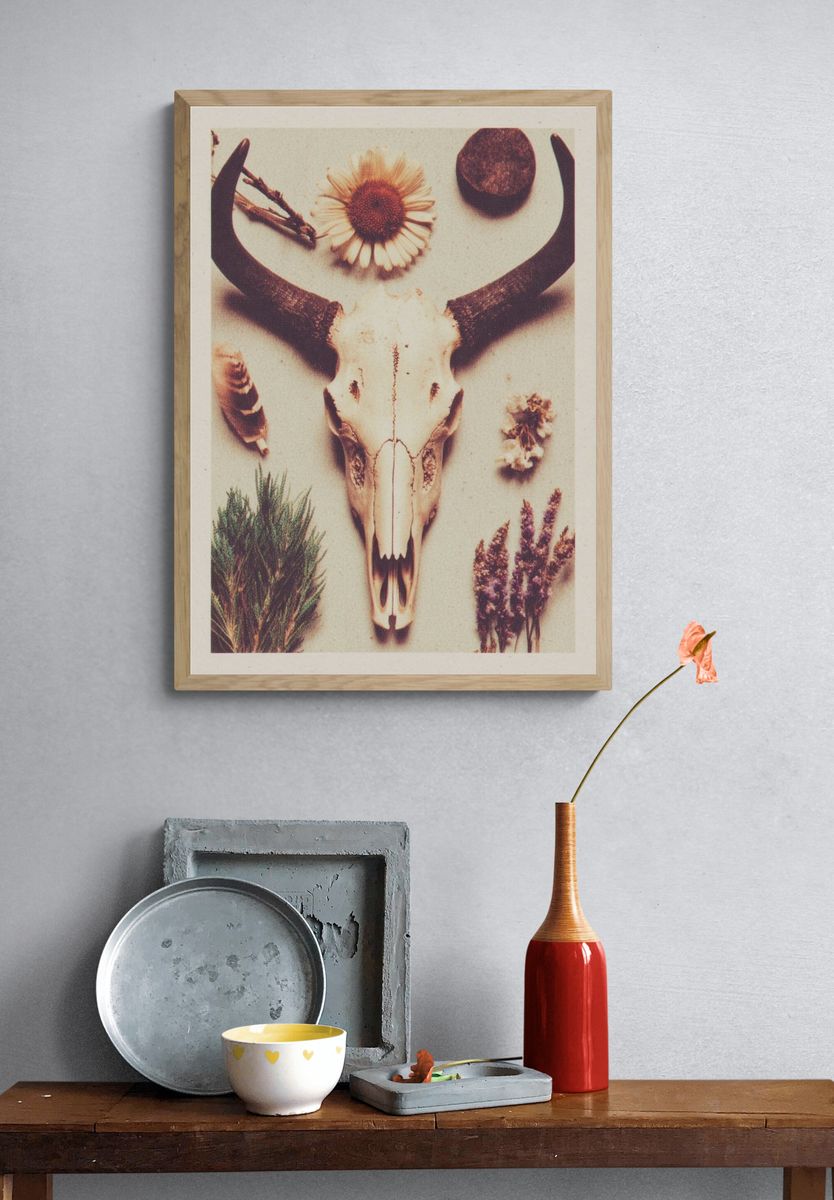 Bull Skull with Flowers — Bohemian Print. — room view 3