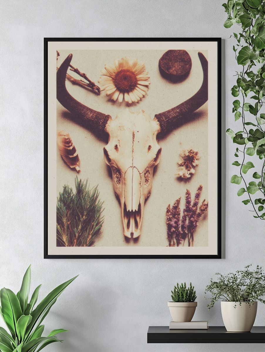 Bull Skull with Flowers — Bohemian Print. — room view 4