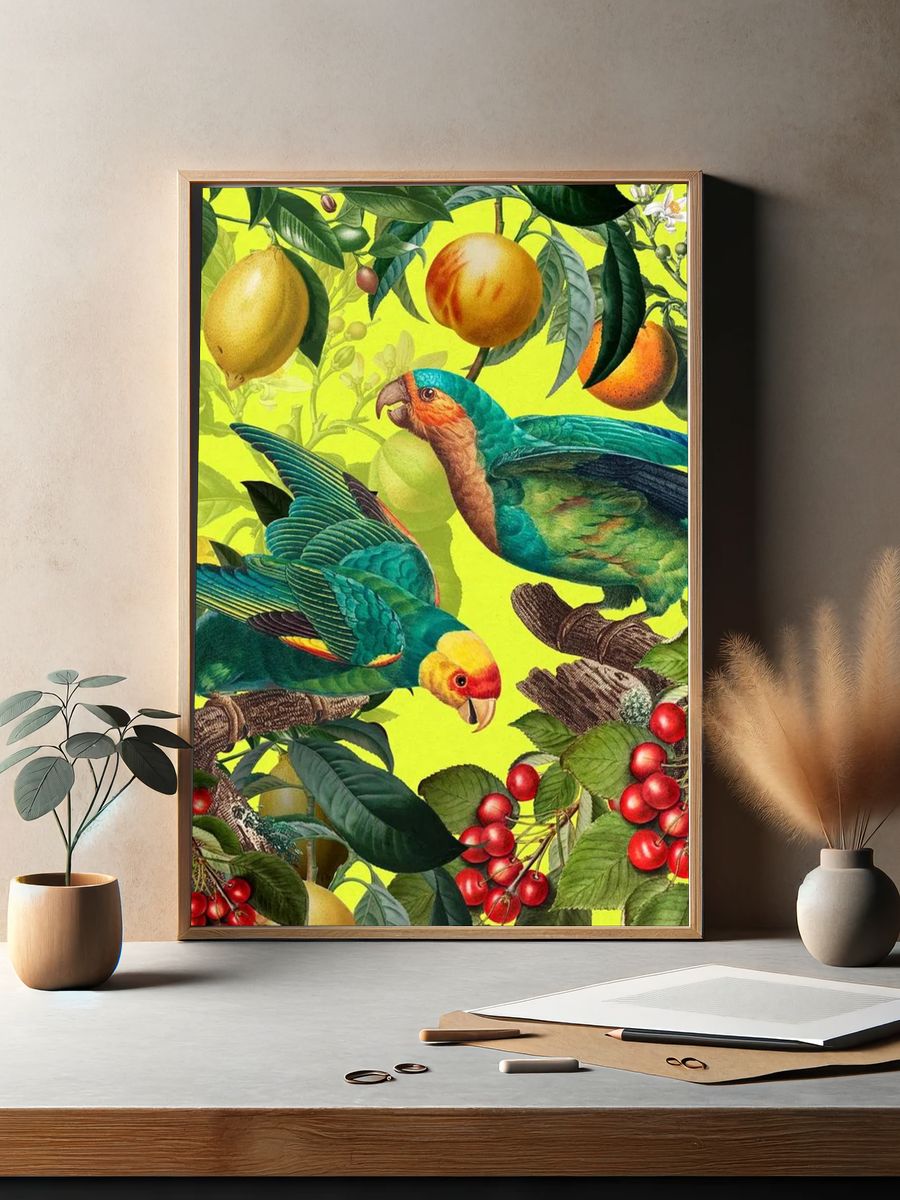 Tropical Parrots and Fruits — Botanical Print. — room view 2