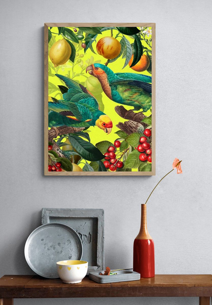 Tropical Parrots and Fruits — Botanical Print. — room view 3