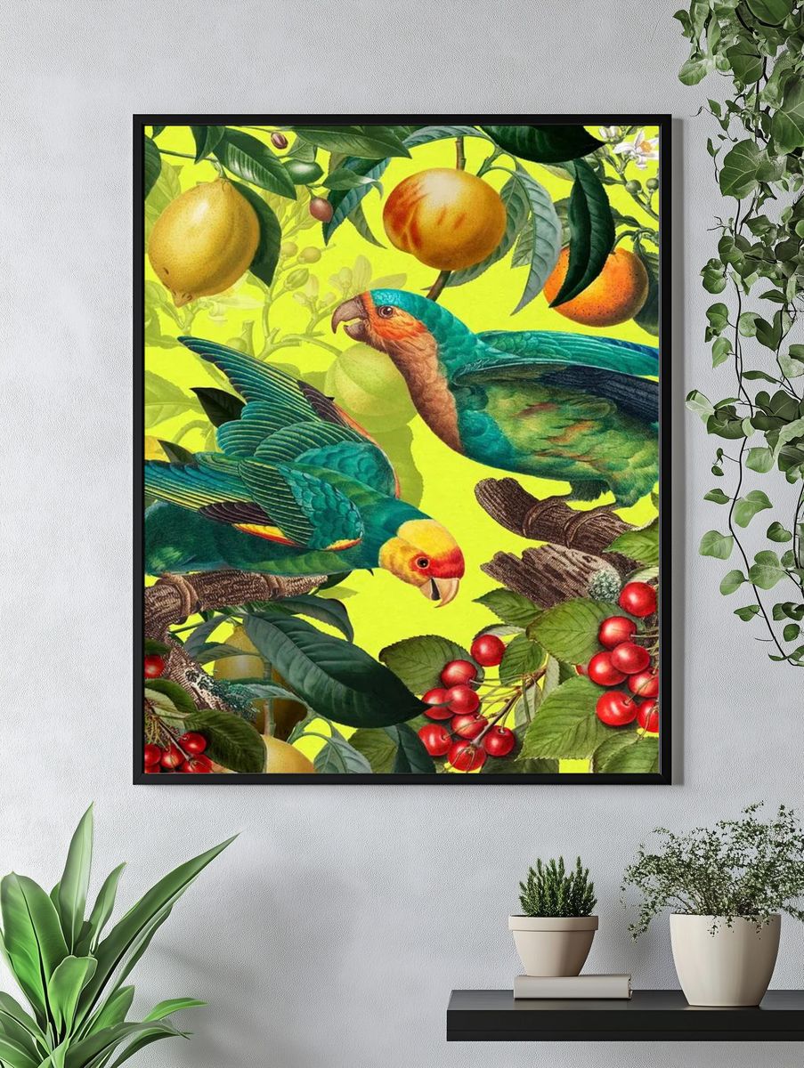 Tropical Parrots and Fruits — Botanical Print. — room view 4