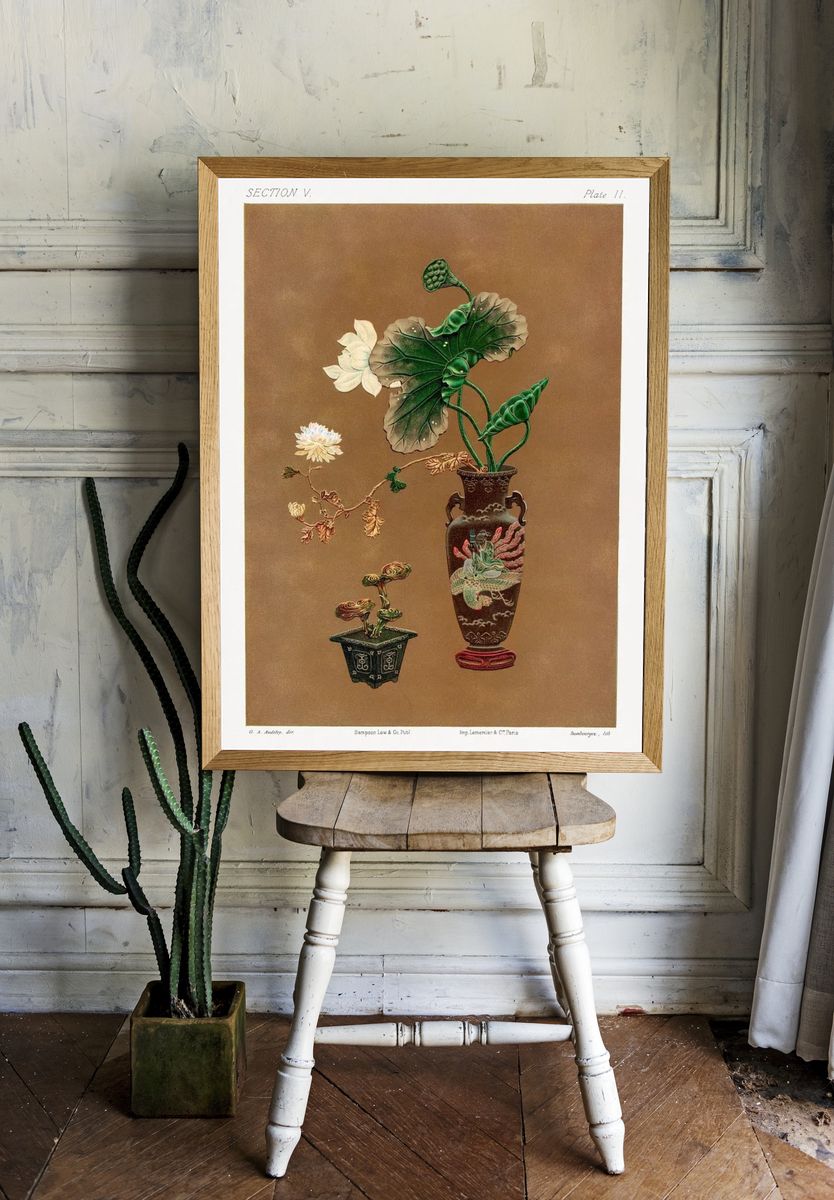 Lotus Flowers and Decorative Vases — Botanical Print. — room view 1