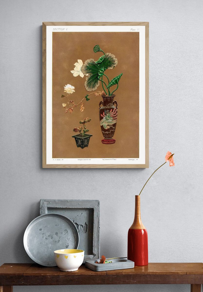 Lotus Flowers and Decorative Vases — Botanical Print. — room view 3