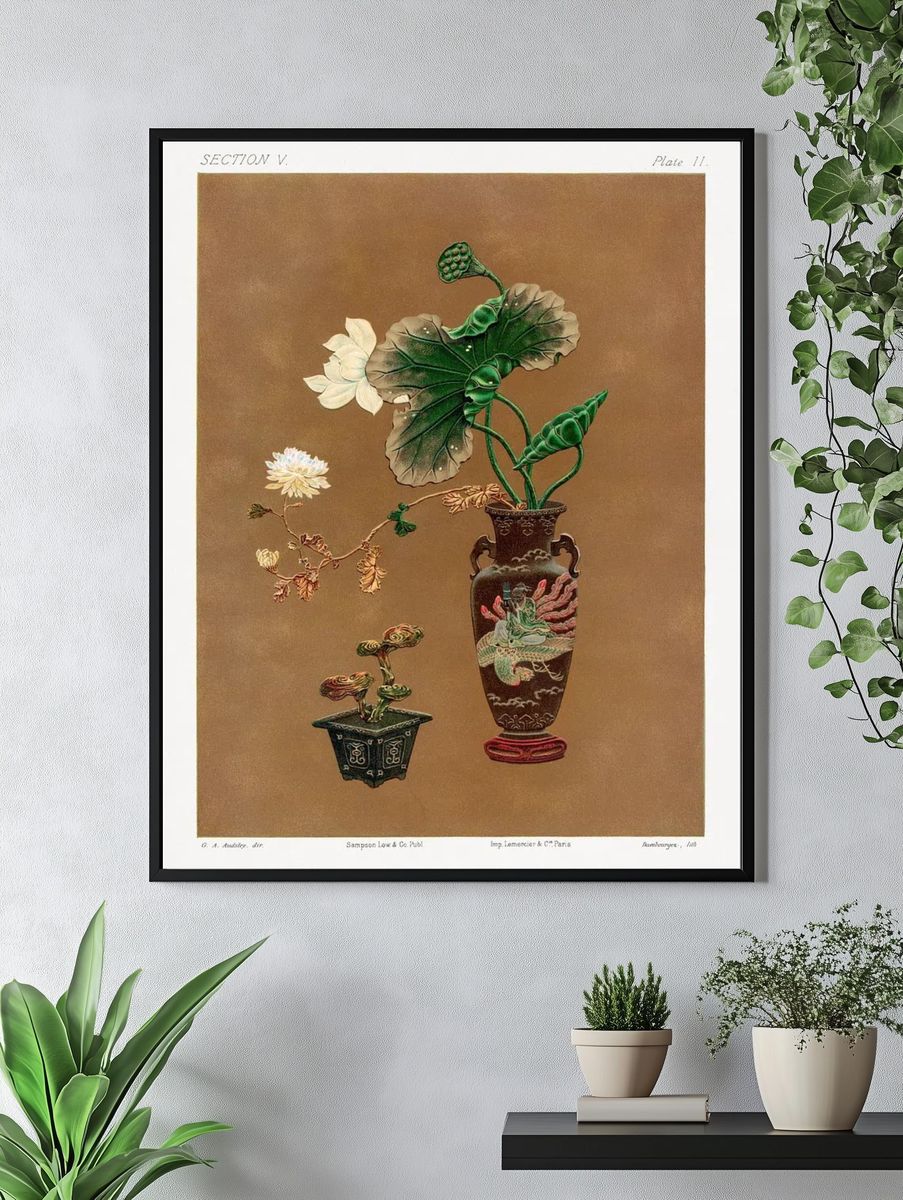 Lotus Flowers and Decorative Vases — Botanical Print. — room view 4