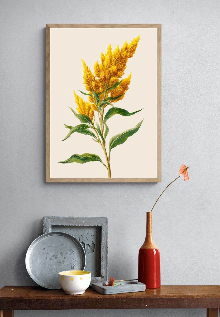 Yellow Celosia Botanical Print. — room view 3